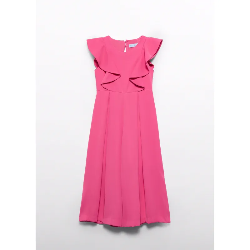 FUSCHIA CREPE JUMPSUIT PLEATED FLOUNCE BODICE TRIM / 5226-004