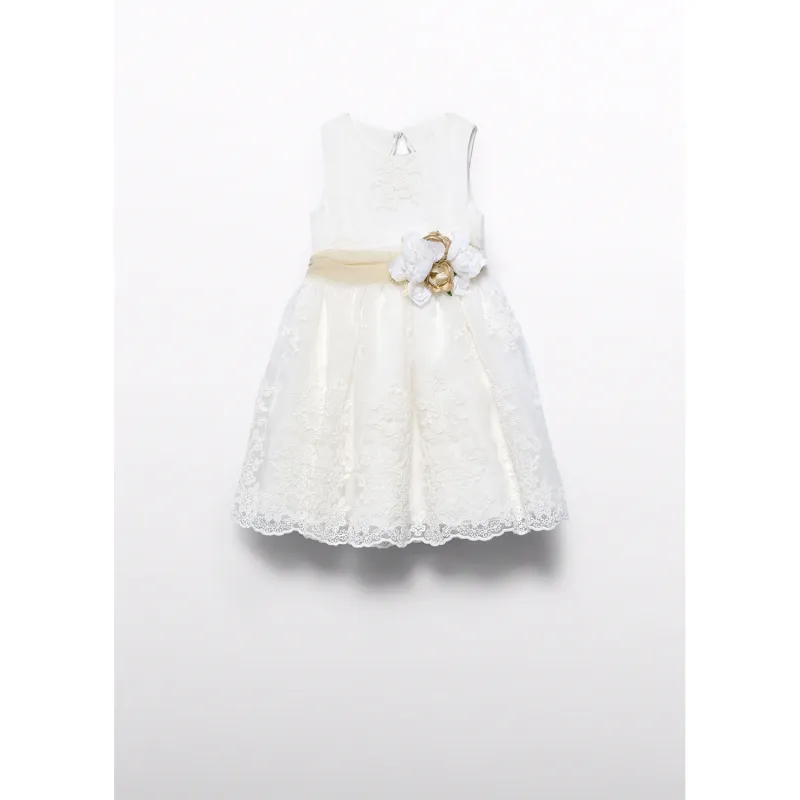 CREAM DRESS EMBROIDERED ORGANDY BELT FLOWER TRIM OPEN BACK / 5037-007