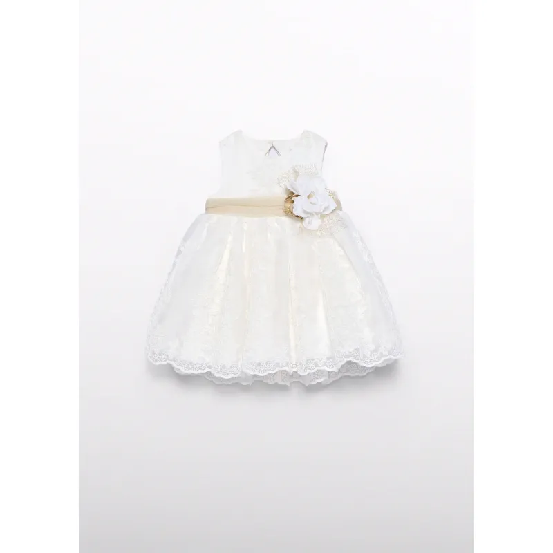 CREAM DRESS EMBROIDERED ORGANDY BELT & FLOWER APPLIQUE / 5007-007