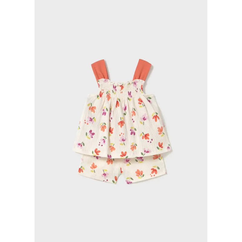 CREAM & ORANGE PRINT SHORT SET FLOWER PRINT S/STRAPS / 1230-086