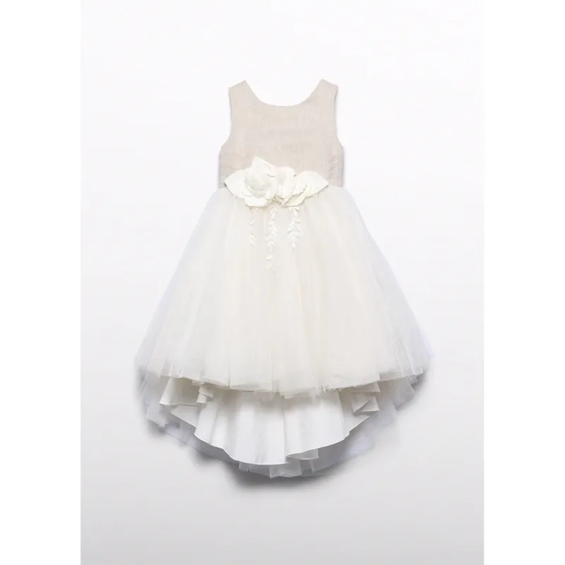 GOLD & CREAM SHIMMER LINEN DRESS FLOWER TRIM / 5032-001
