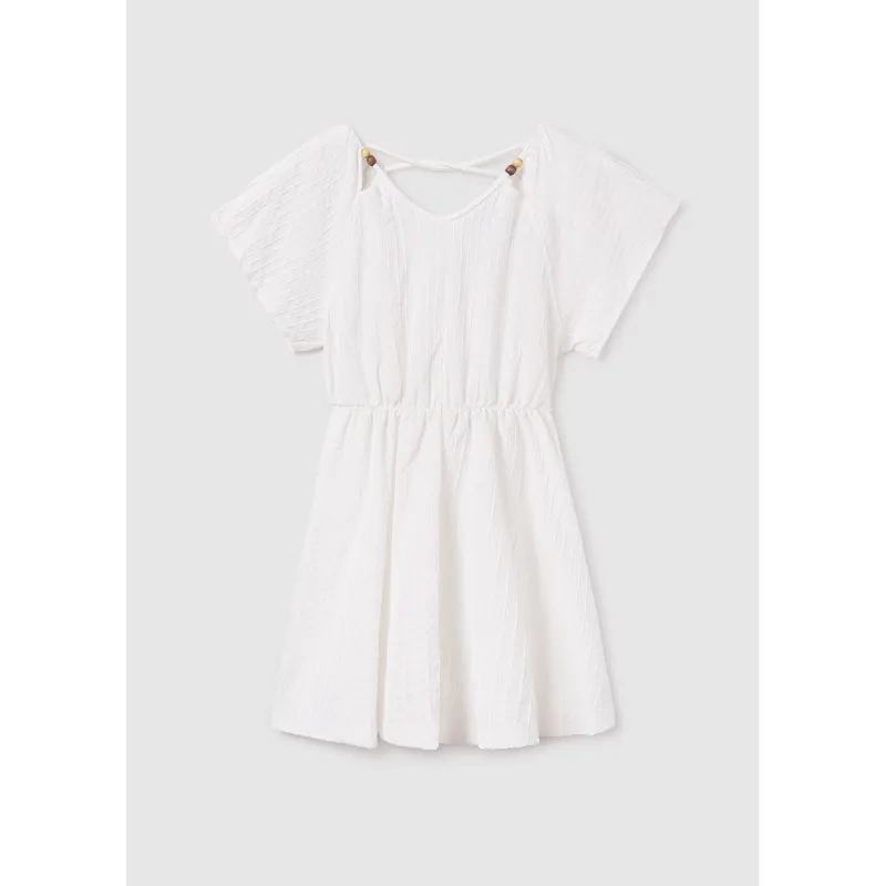 WHITE DRESS ELASTIC WAIST SHORT SLEEVE ROPE BEAD TRIM / 6987-032