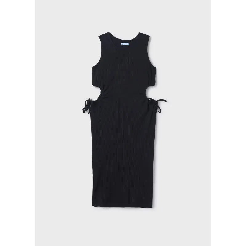 BLACK RIBBED MIDI DRESS / 6985-073