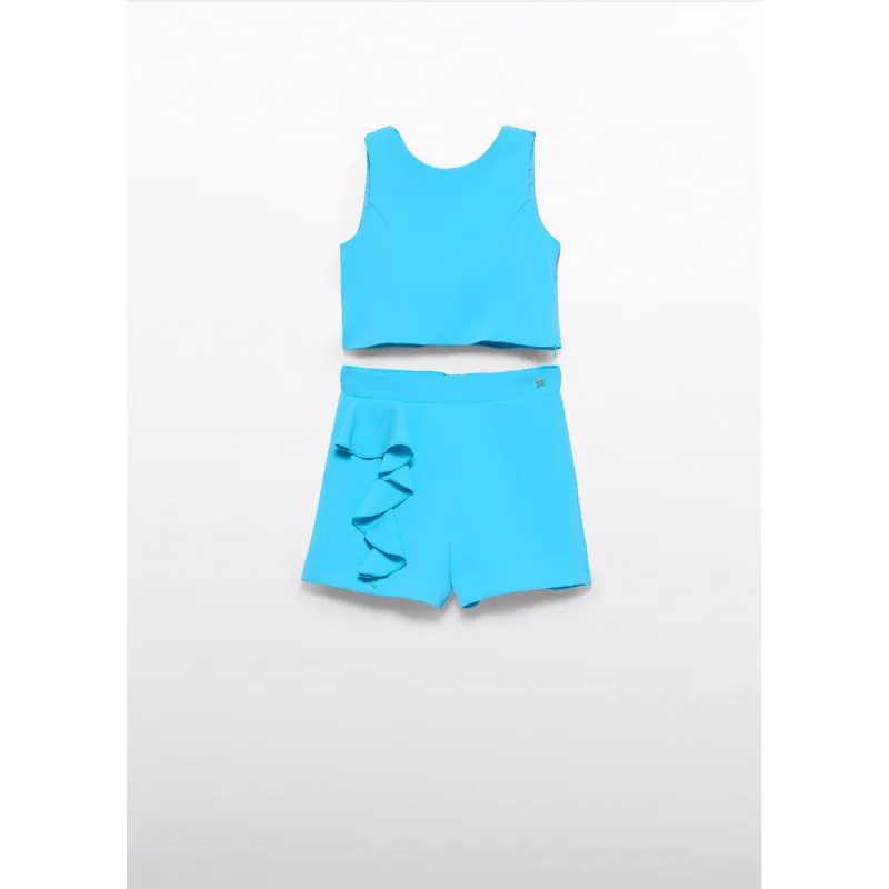 TURQUOISE BLUE 2PC SHORT SET RUFFLED CREPE / 5232-020