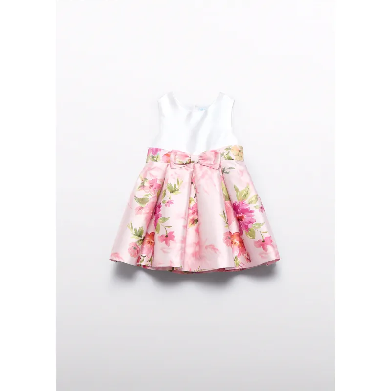 WHITE PINK FLORAL MIKADO DRESS PLEATED / 5030-007