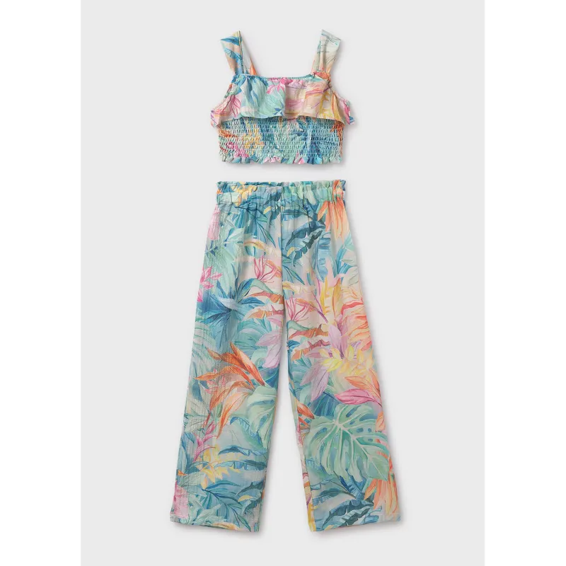 MULTICOLOR 2PC TANK TOP & PANT LONG SMOCKED LEAVES PRINT / 6542-096