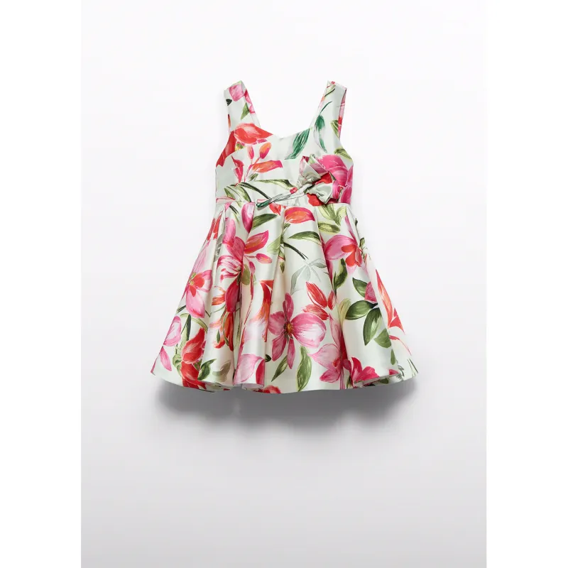 FUSCHIA STAMP MIKADO DRESS OPEN BACK FLORAL PRINT& APPLIQUE / 5062-004