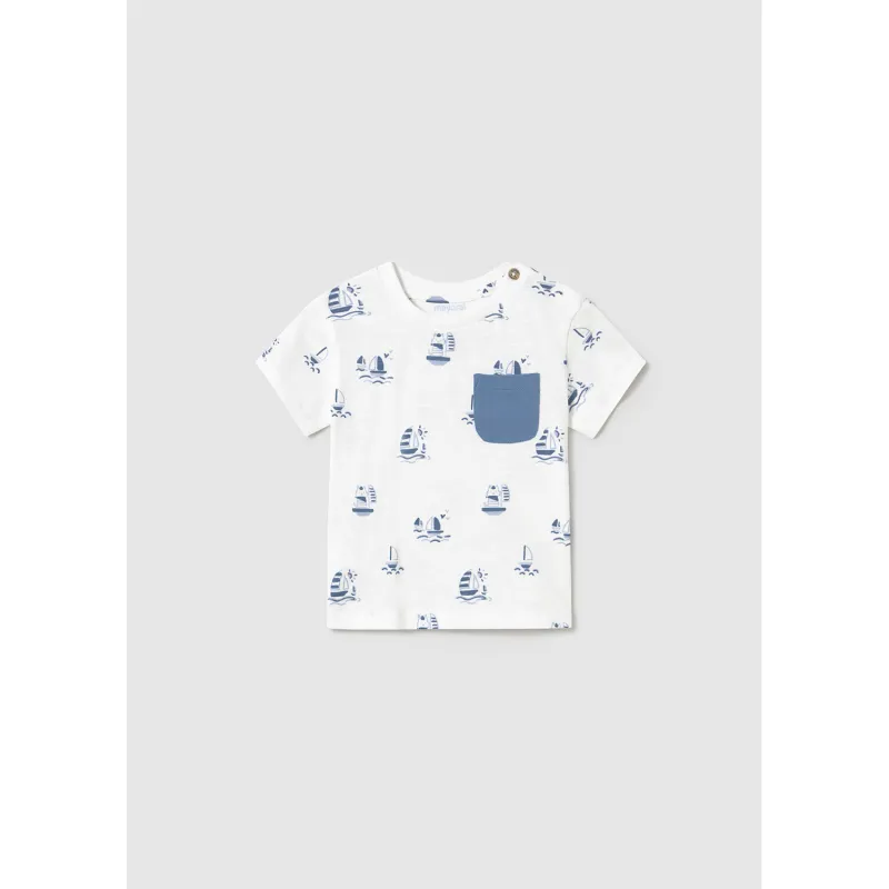 WHITE TSHIRT BLUE SAILBOAT PRINT & POCKET SHORT SLEEVE / 1058-027