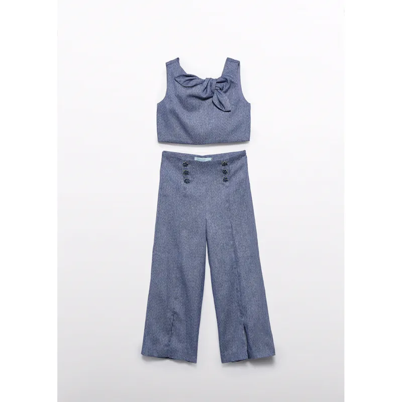 2PC INDIGO BLUE PANT SET CROP TOP WITH BOW TRIM / 5237-009