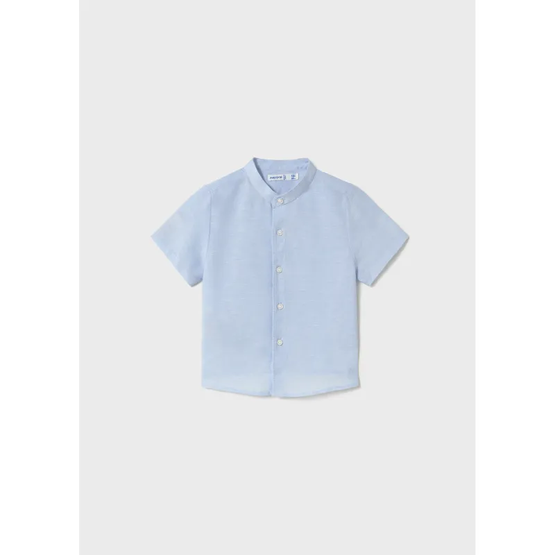 BLUE MAO COLLAR SHIRT SHORT SLEEVE LINEN / 1110-072