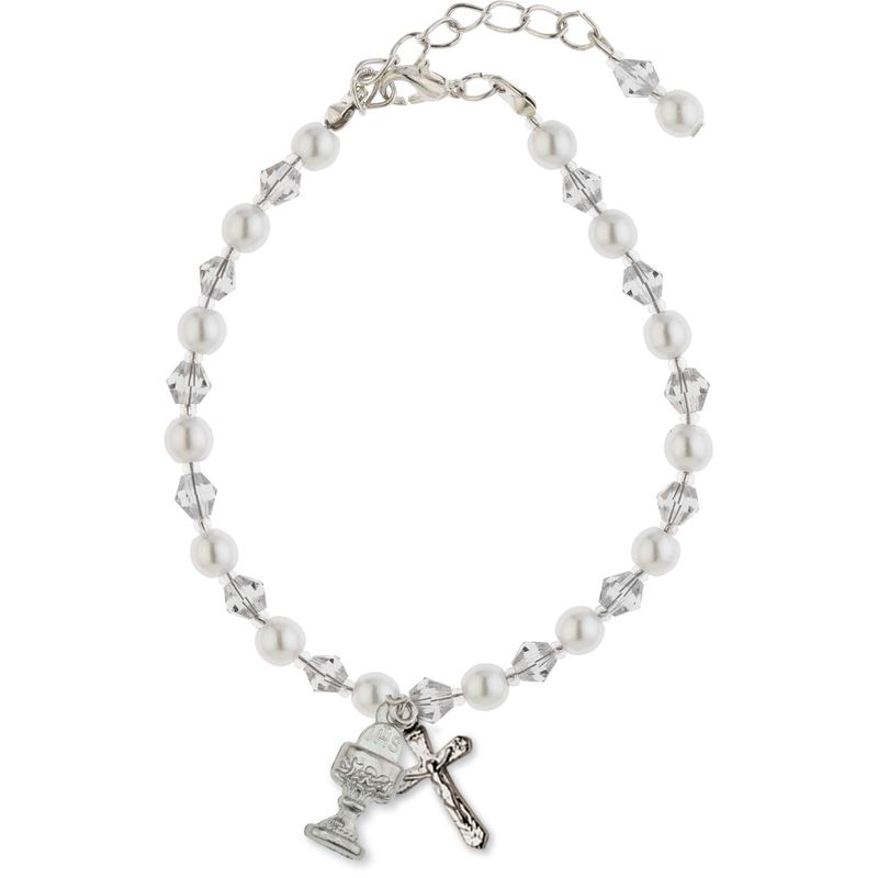 WHITE GLASS BEAD BRACELET WITH CHALICE CHARM / SHE-MM3321WH