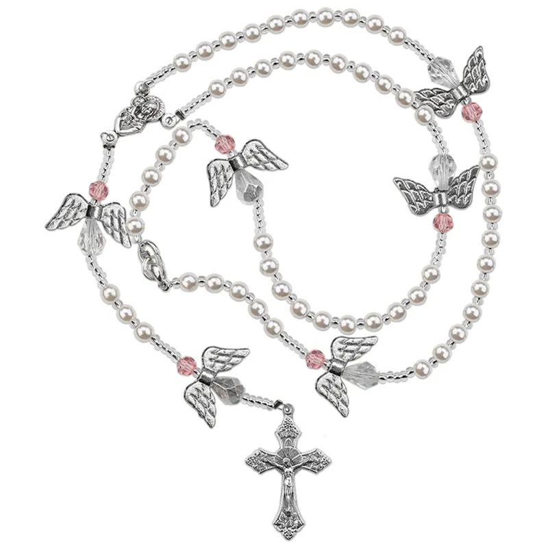 WHITE PEARL BEAD ROSARY NECKLACE WITH ANGEL WINGS / SHE-RY1248WH