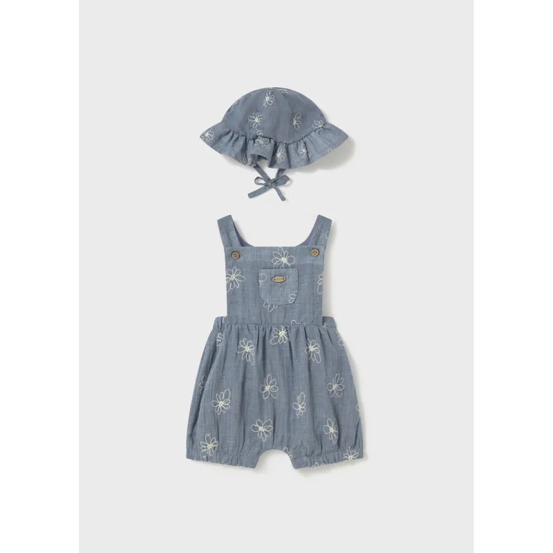 STEEL BLUE 2PC ROMPER & SUNHAT DAISY EMBROIDERY SHORT / 1665-044