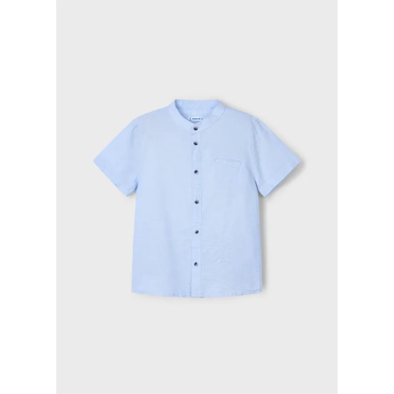 LIGHT BLUE LINEN SHIRT MAO COLLAR SHORT SLEEVE / 3113-022