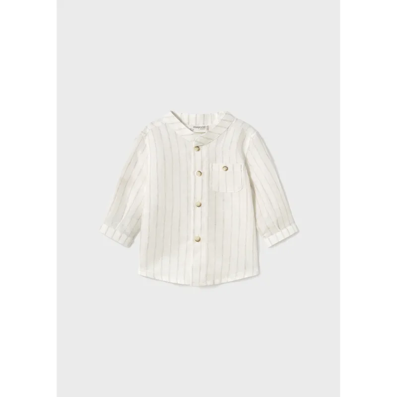 CREAM & BIEGE STRIPED SHIRT MAO COLLAR PULLUP SLEEVE / 1103-032