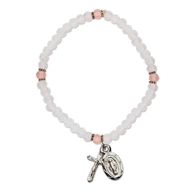 WHITE AND PINK GLASS BEAD BRACELET STRETCH / SHE-MM3166CR