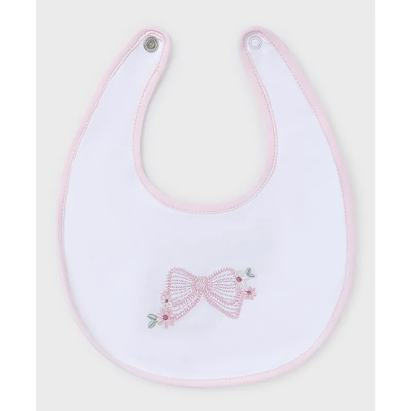 WHITE BIB PINK EMBROIDERED BOW & EDGING / 9875-071A