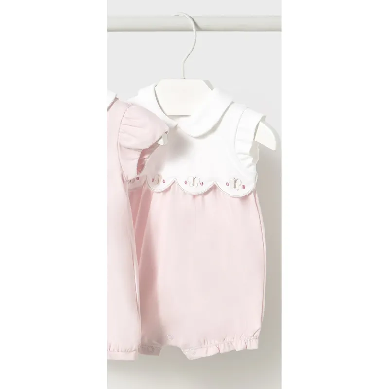 PINK SHORT ROMPER WHITE BODICE EMBROIDERED ROSES / 1752-057