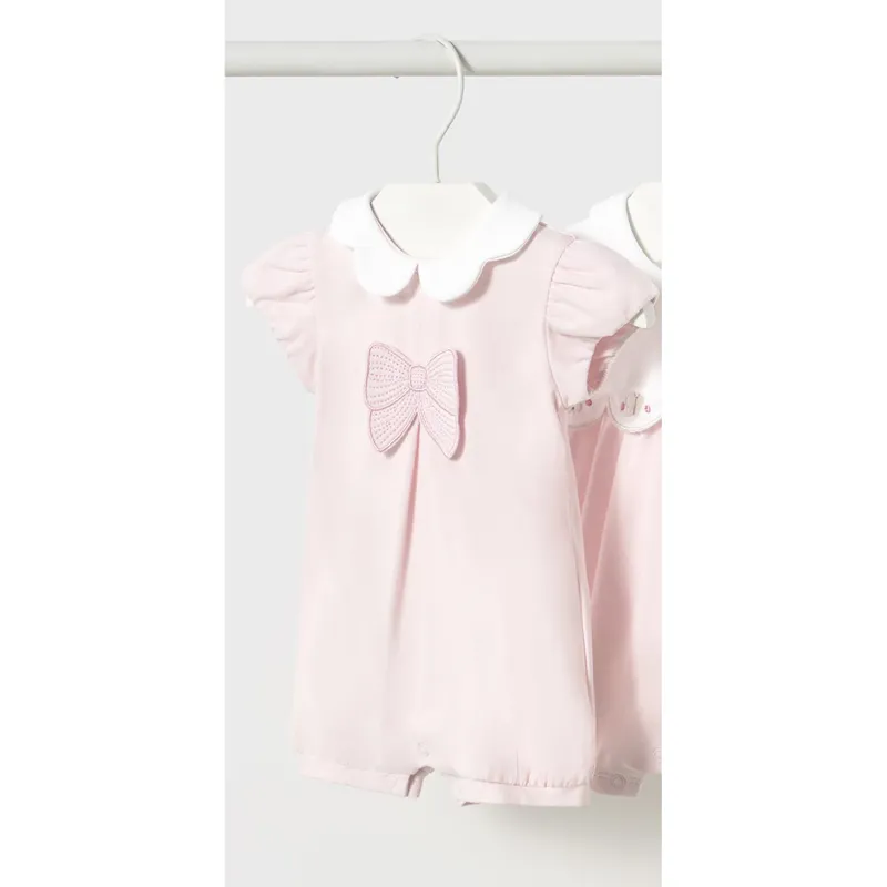 PINK SHORT ROMPER BOW APPLIQUE WHITE COLLAR / 1752-057A
