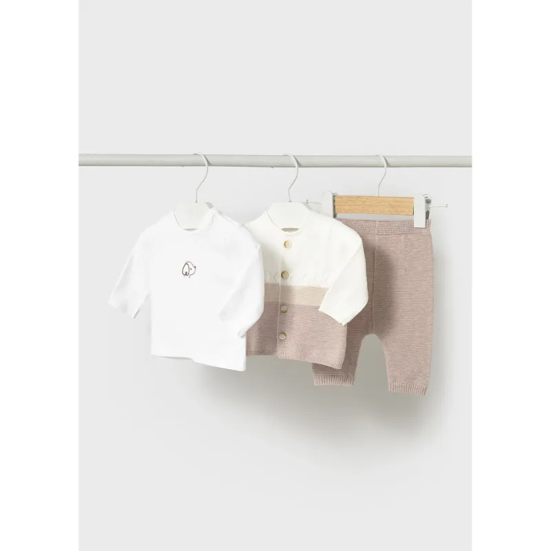 CREAM & TAN 3PC KNIT PANT SET 2TONE CARDIGAN / 1560-086