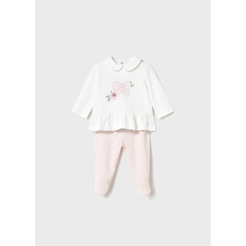 2PC CREAM TOP & PINK LEG WARMER 9M-18M NO FEET BOW & FLOWER EMBROIDERY / 1586-091