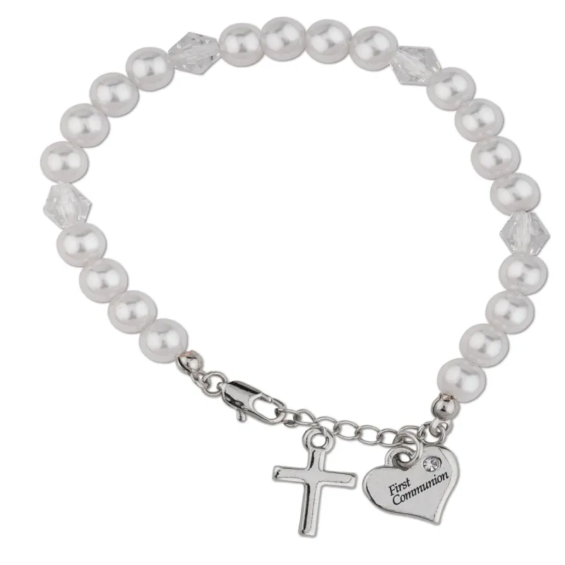 WHITE GLASS BEAD BRACELET WITH COMMUNION CHARM / SHE-MM3194WH