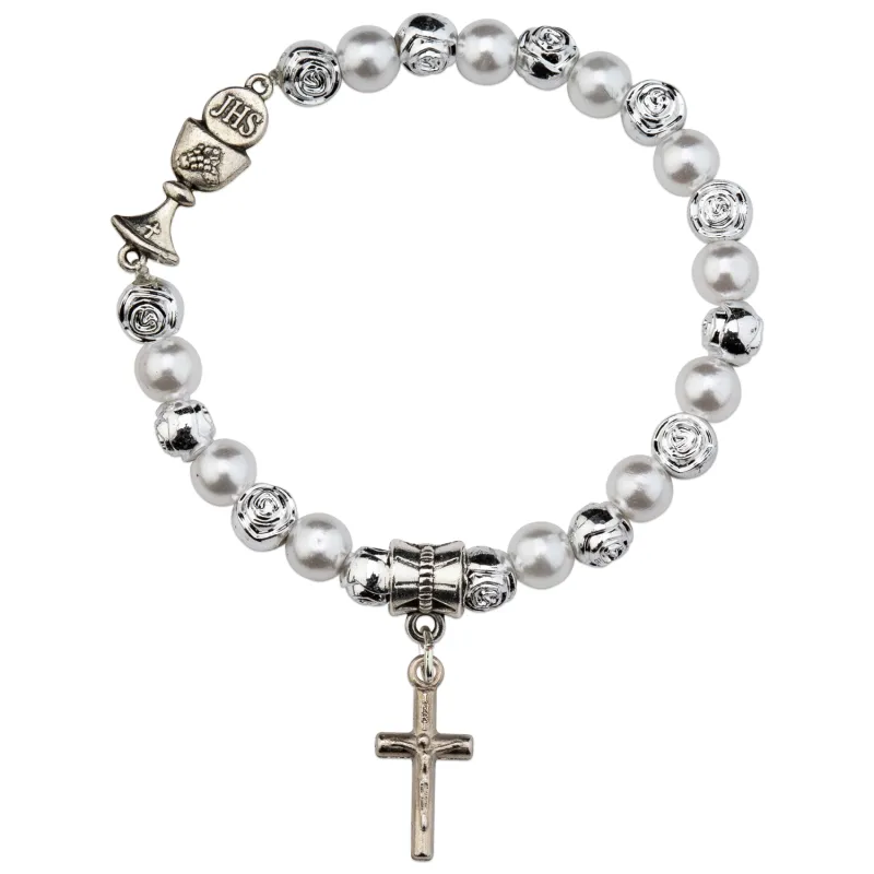 COMMUNION PEARL/ROSEBUD BRACELET ROSARY STRETCH / SHE-MM3140