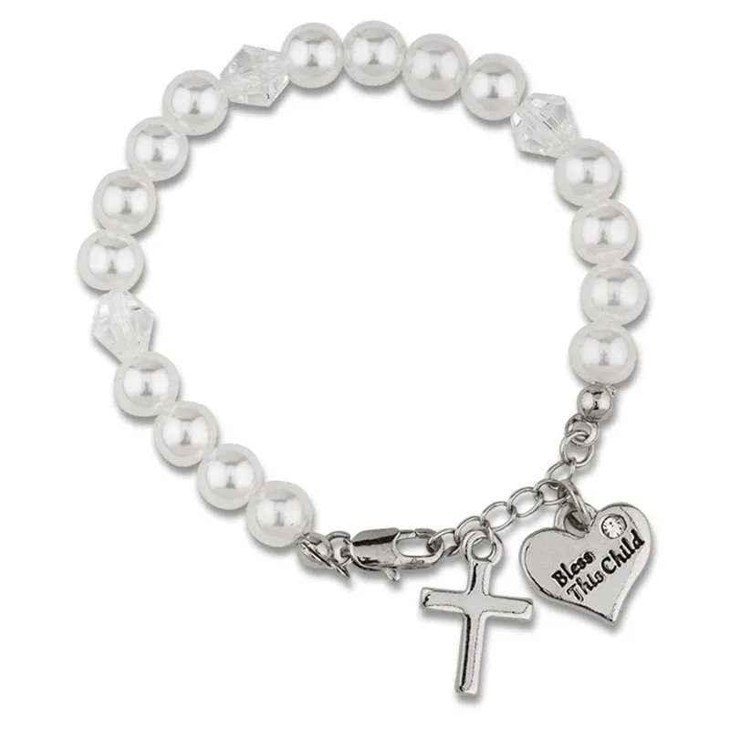 WHITE PEARL BABY BRACELET WITH CROSS & HEART / SHE-MM3193WH
