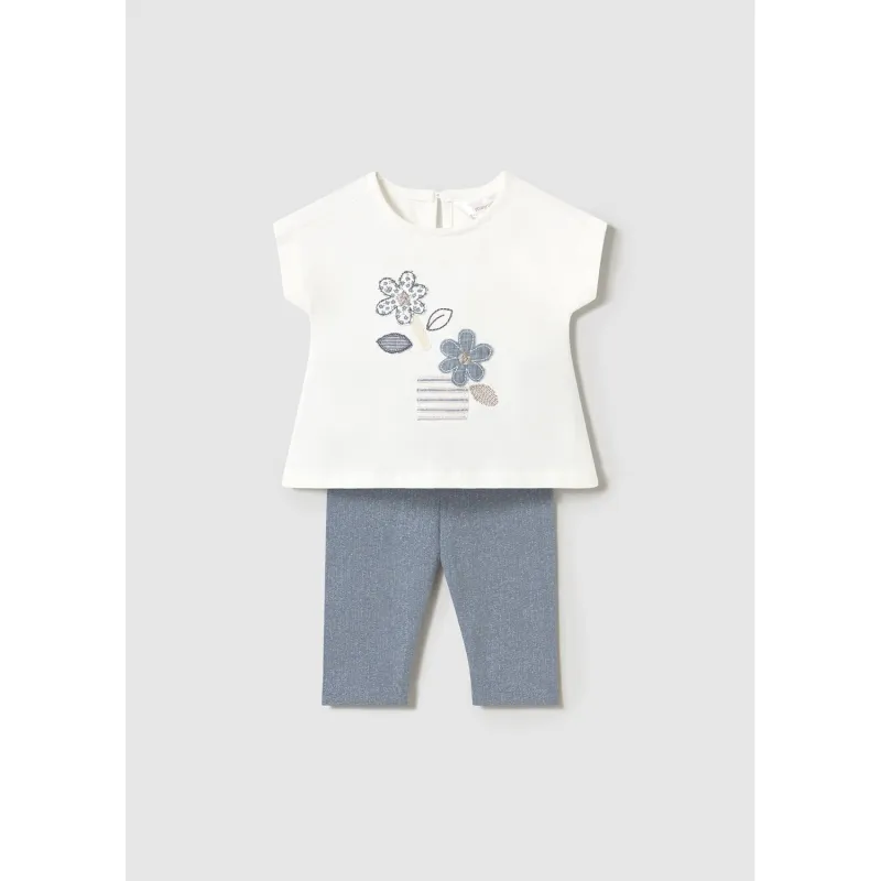 2PC CREAM & GREY BLUE LEGGING SET FLOWER APPLIQUE /  1762-083