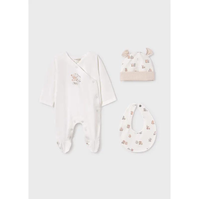 OFF WHITE 3PC GIFT SET SLEEPER HAT & BIB BEAR & BUNNY PRINT / 9907-058