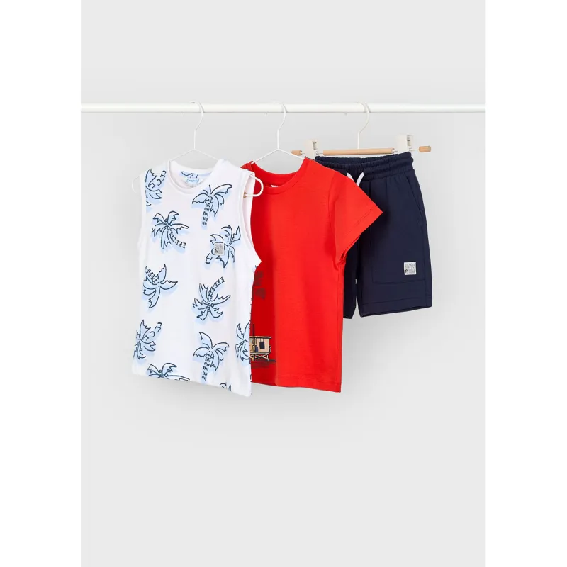 RED 3PC SHORT SET NAVY PANT PRINTED TANK TOP PALM TREES / 3606-094