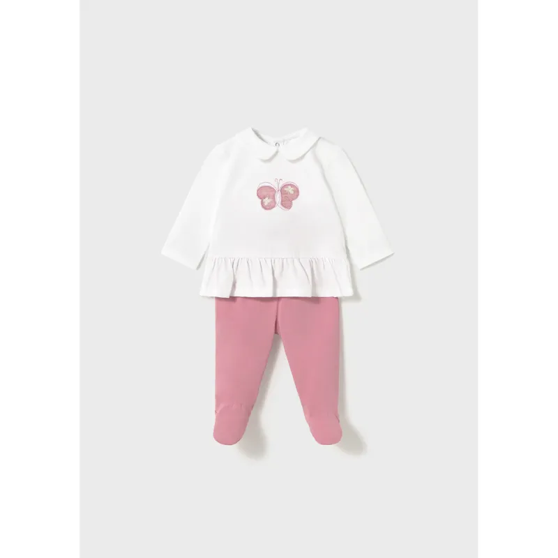 2PC CREAM & PINK LEG WARMER SET 9M-18M NO FEET B/FLY APPLIQUE / 1586-089