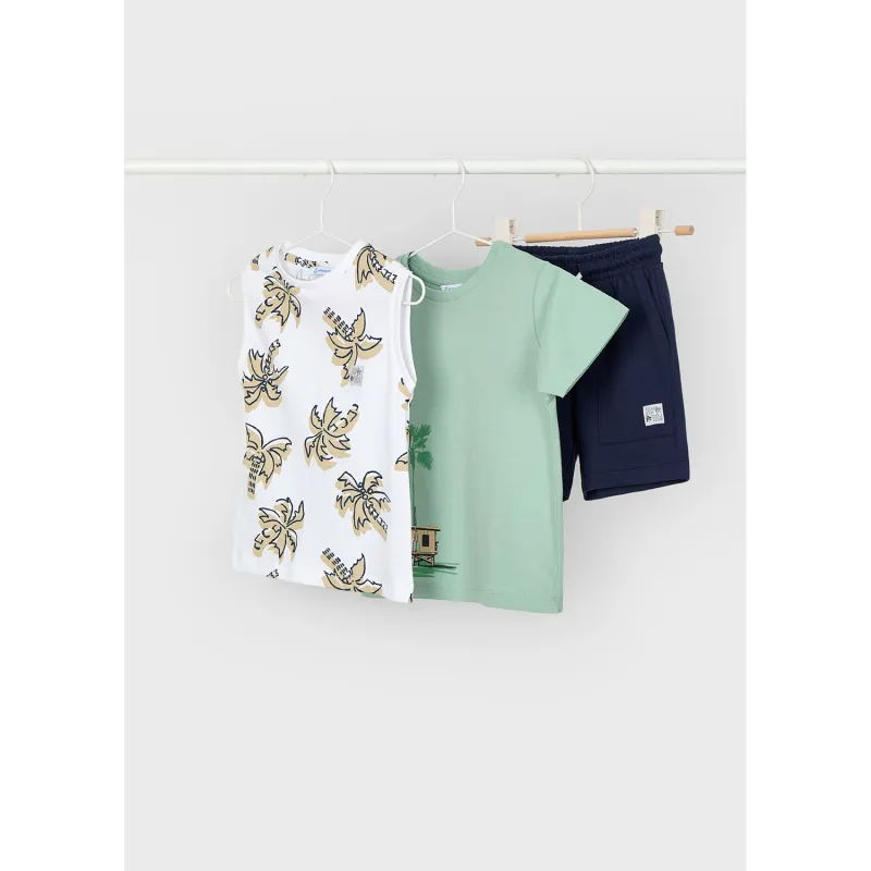 GREEN & NAVY 3PC SHORT SET CREAM TANK TOP BROWN TREE PRINT / 3606-092