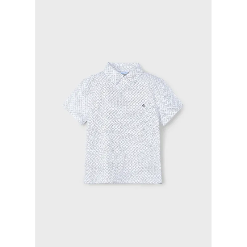 WHITE POLO TOP BLACK DOT SQUARE PRINT SHORT SLEEVE / 3101-040