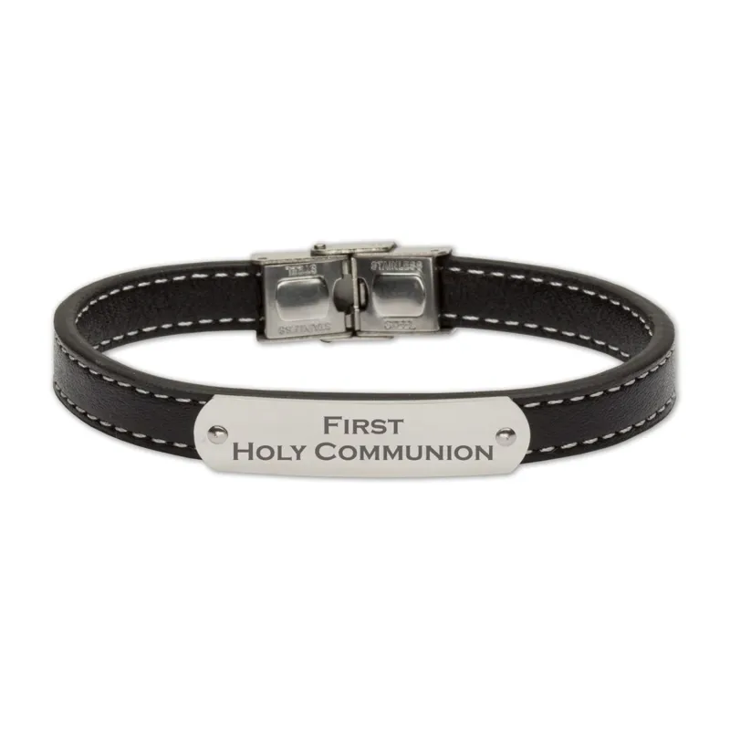 BLACK LEATHER COMMUNION BRACELET SILVER PLATE / SHE-MM3202FC