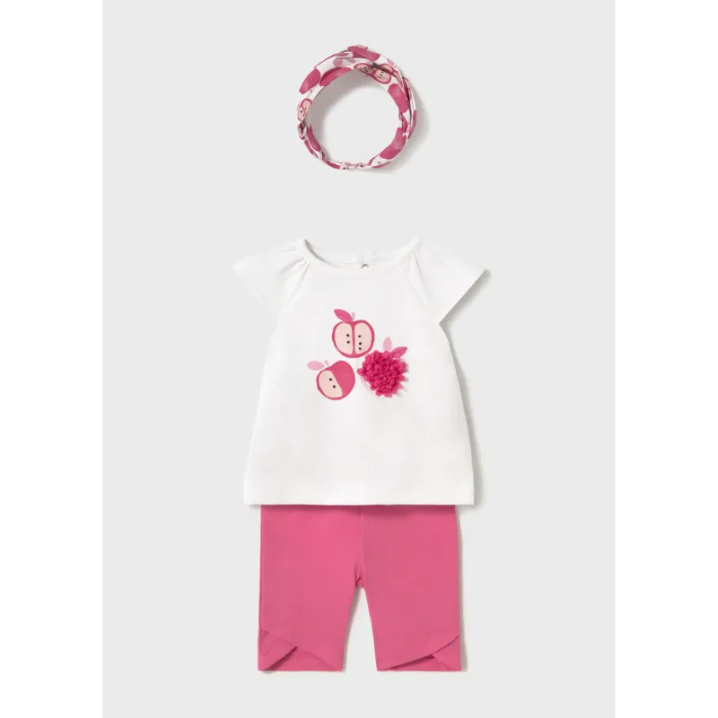 WHITE & PINK 3PC LEGGING SET & HEADBAND APPLE PRINT / 1763-088