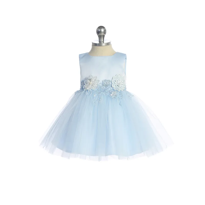 SKY BLUE DRESS SATIN BODICE TULLE SKIRT FLOWER APPLIQUE / 5873S