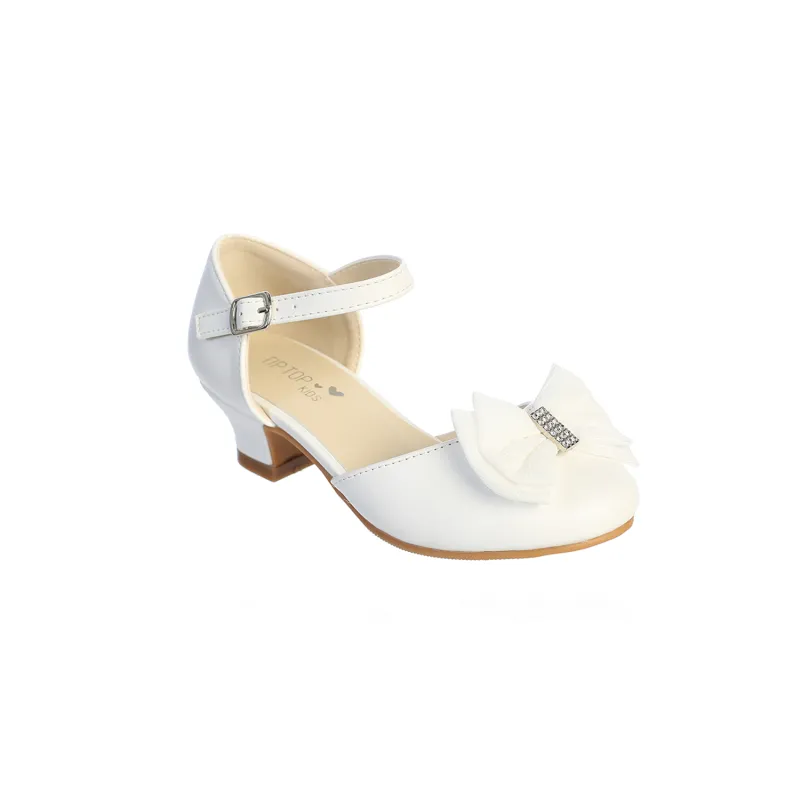 WHITE SHOE WITH HEELS & DOUBLE BOW RHINESTONE CENTER / S166-5060