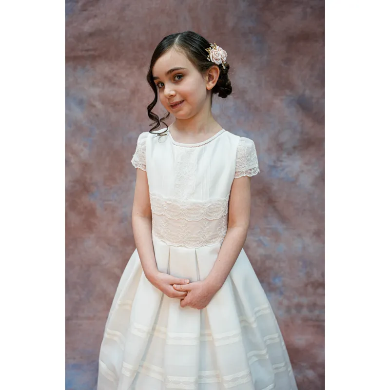 GOWN OFF WHITE LACE CAP SLEEVE &WAIST & BACK TRIM / 6416-13