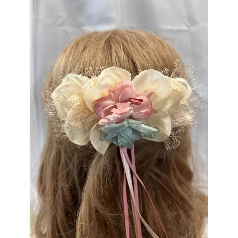 HAIRCOMB BEIGE & BLUE & PINK FLOWERS / 6200