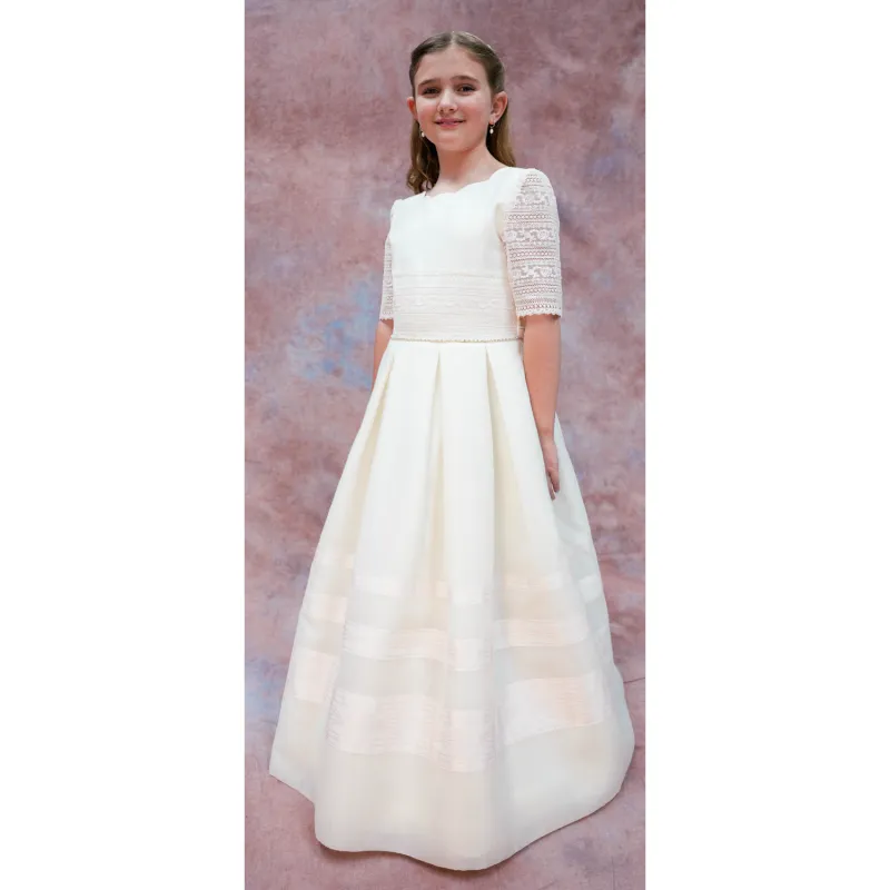 GOWN OFF WHITE PINK LACE SLEEVE & WAISTTRIM / 6413-22