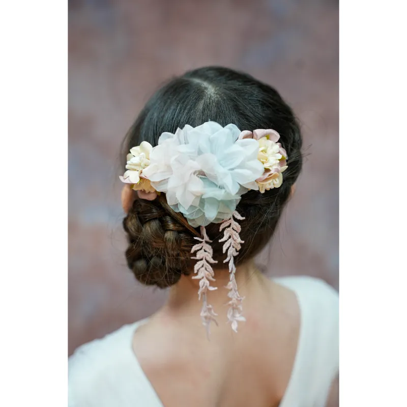 HAIRCOMB BLUE PINK BEIGE FLOWERS PINK LEAVES RIBBON