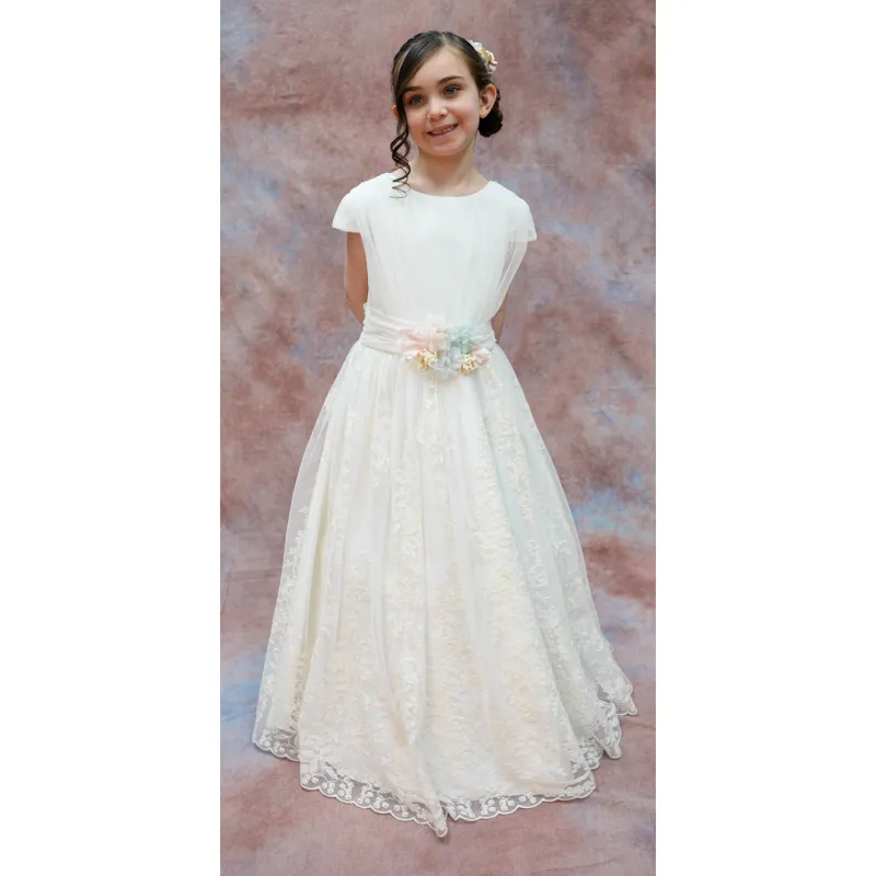 GOWN OFFWHITE EMBROIDERED TULLE PLEATED BODICE / 6418-22