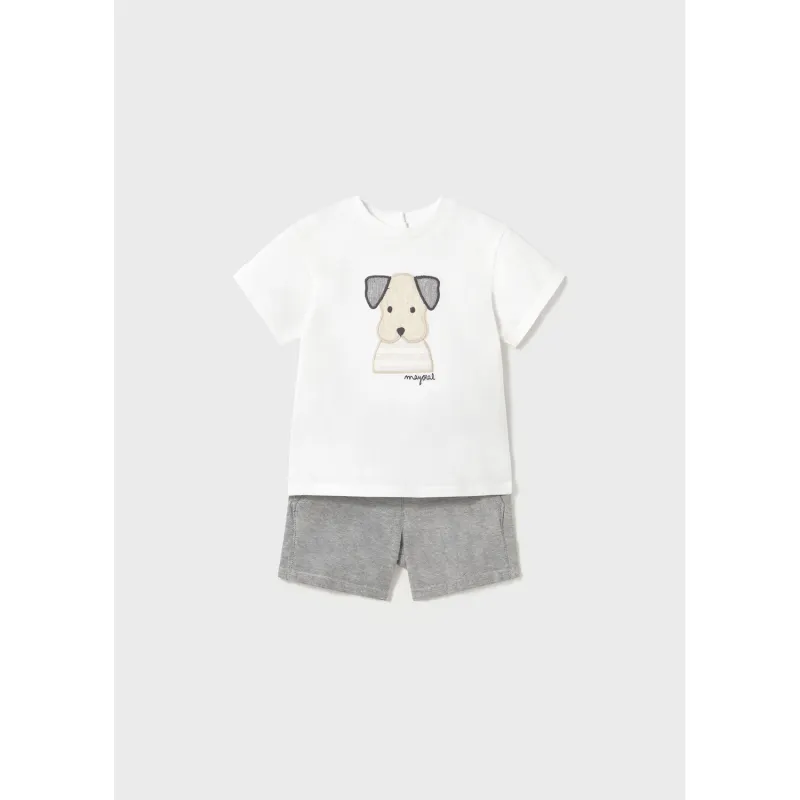 CREAM & GREY 2PC BERMUDA SHORT SET PUPPY APPLIQUE / 1252-035