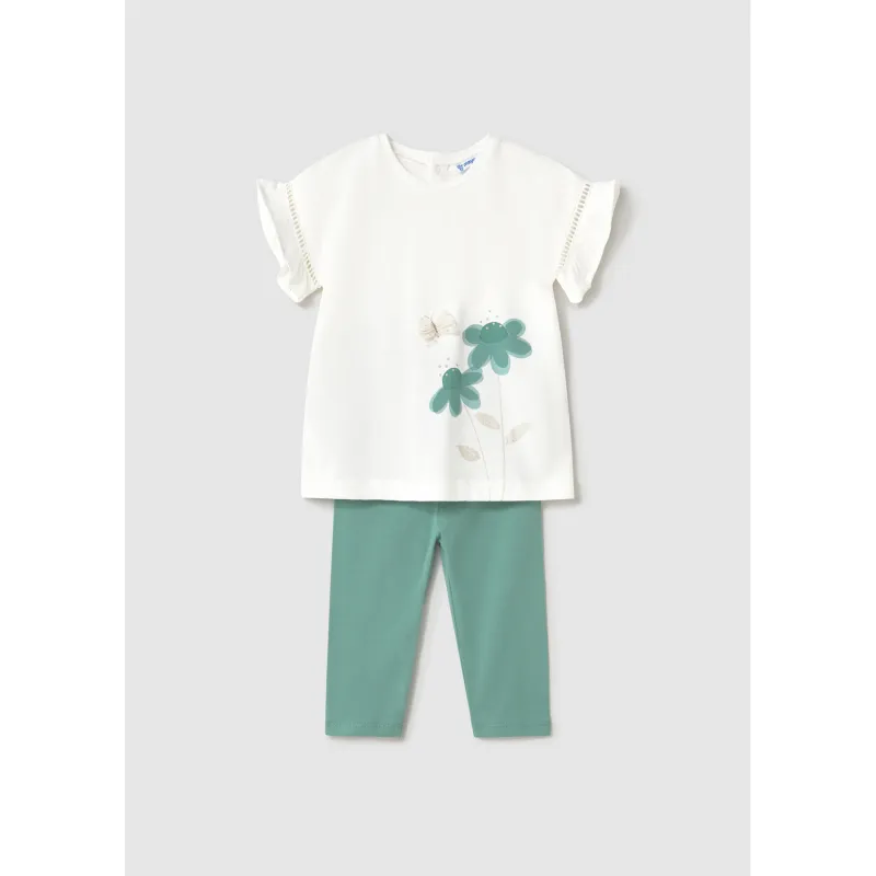 EMERALD GREEN & WHITE 2PC LEGGING SET FLOWER PRINT / 1734-087