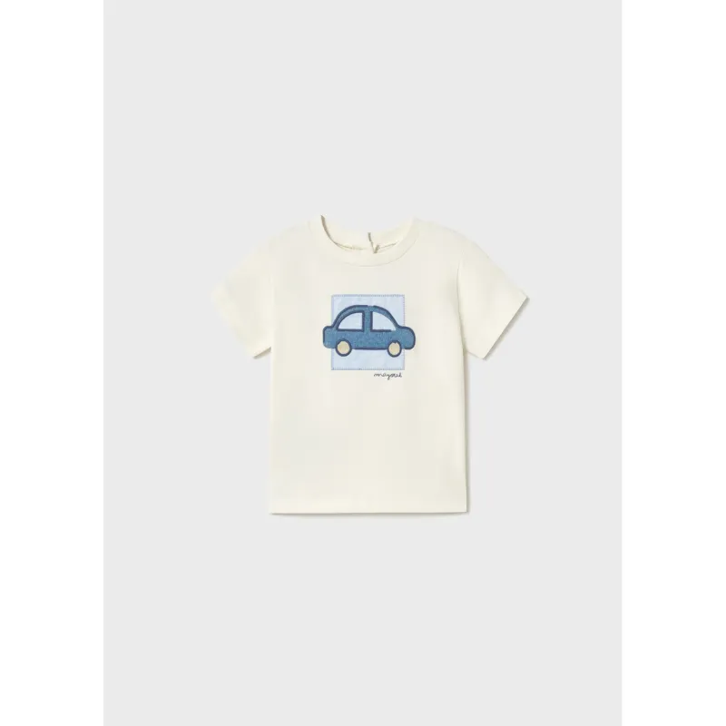 CREAM TSHIRT BLUE CAR APPLIQUE SHORT SLEEVE / 1052-093