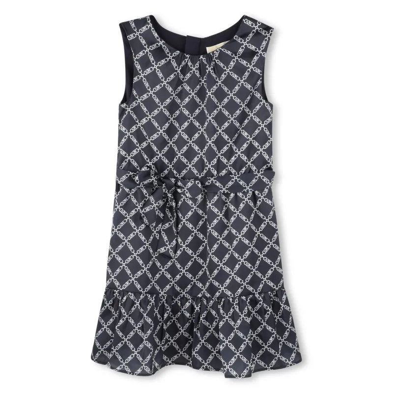 NAVY & WHITE DRESS & BELT MK PRINT SLEEVELESS SATIN / R30345-V42