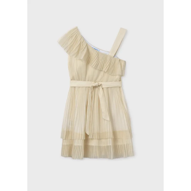 CHAMPAGNE PLEATED DRESS WITH BELT 1 STRAP LAYERED / 6977-056