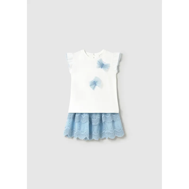 SKY BLUE 2PC TULLE SKIRT SET EMBROIDERED WHITE TOP / 1929-061