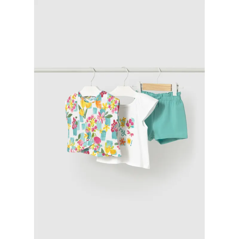 3PPC WHITE & BLUE SHORT SET FLORAL PRINT / 1232-091